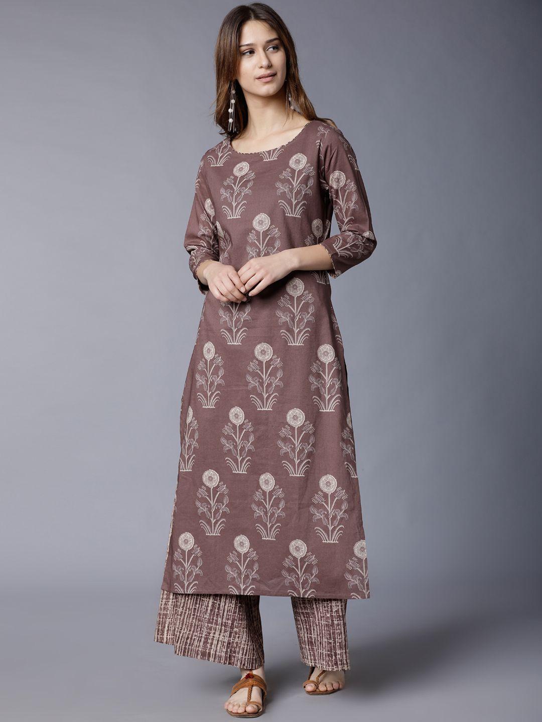 vishudh women brown & beige printed kurta with palazzos