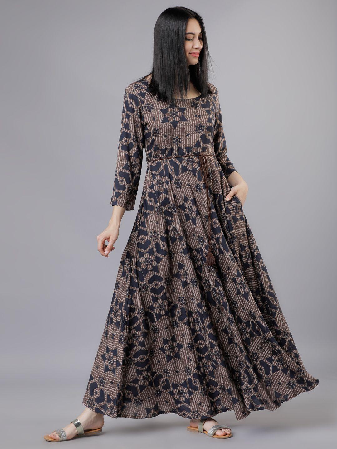 vishudh women brown & navy blue floral print maxi dress