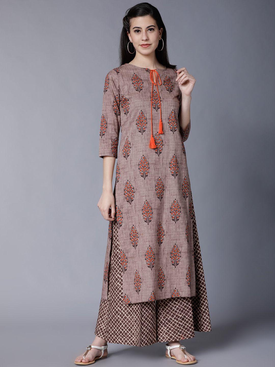 vishudh women brown floral printed kurta with palazzo