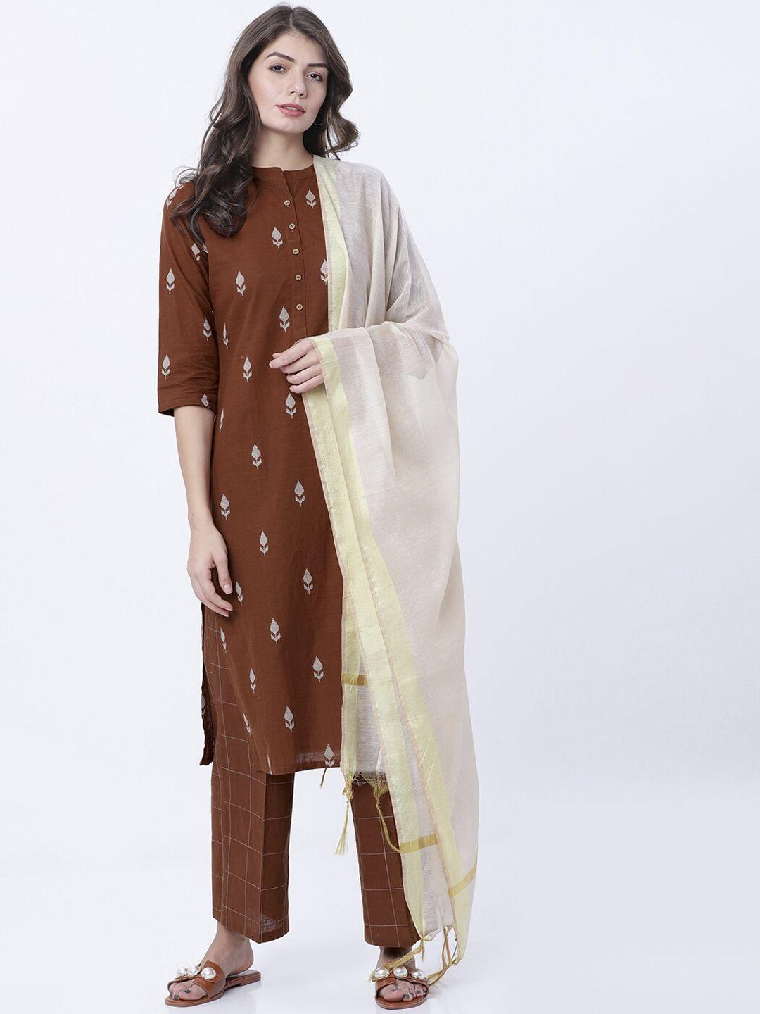 vishudh women brown kurta with palazzo and dupatta