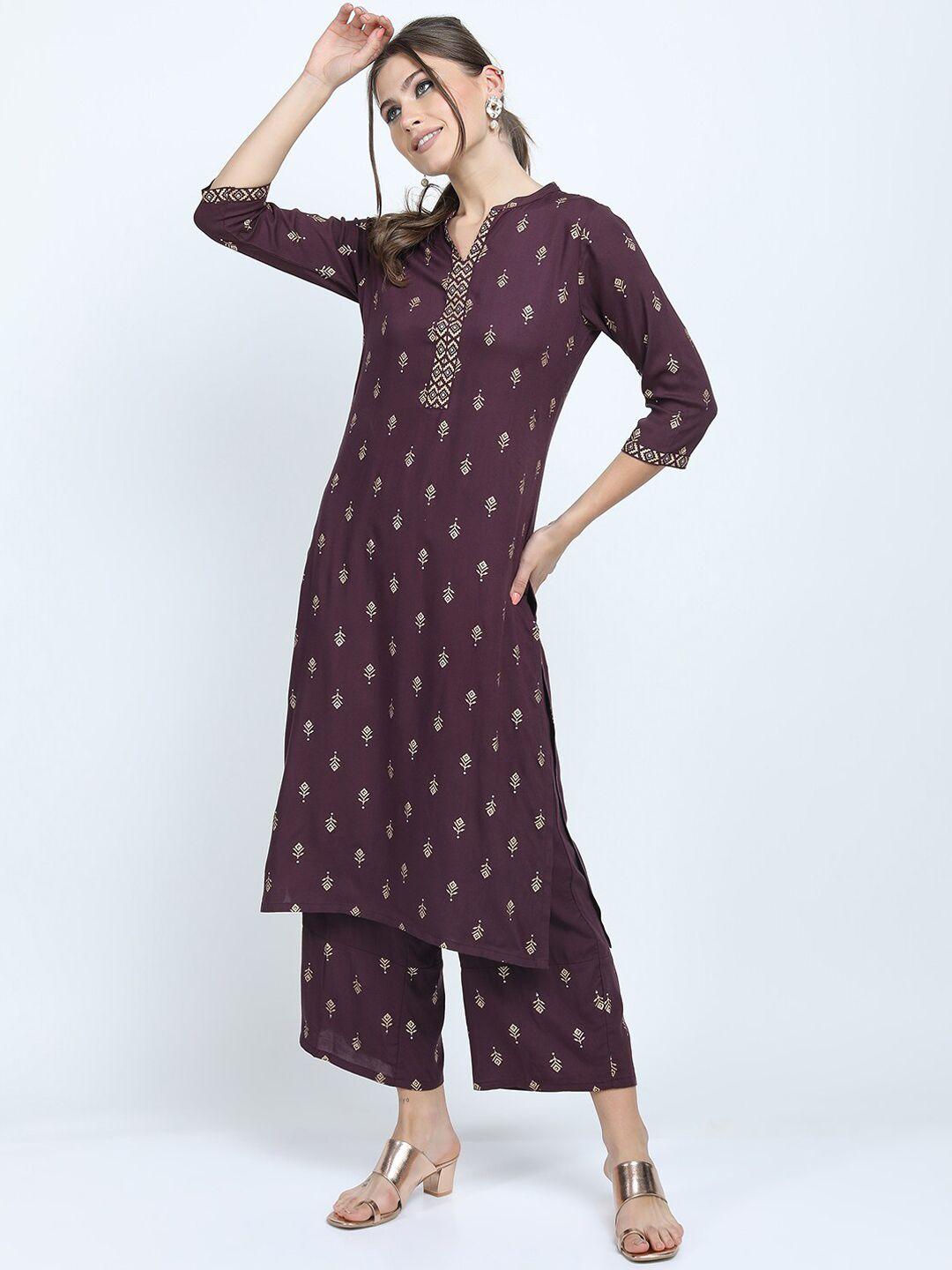 vishudh women brown printed kurta with palazzo