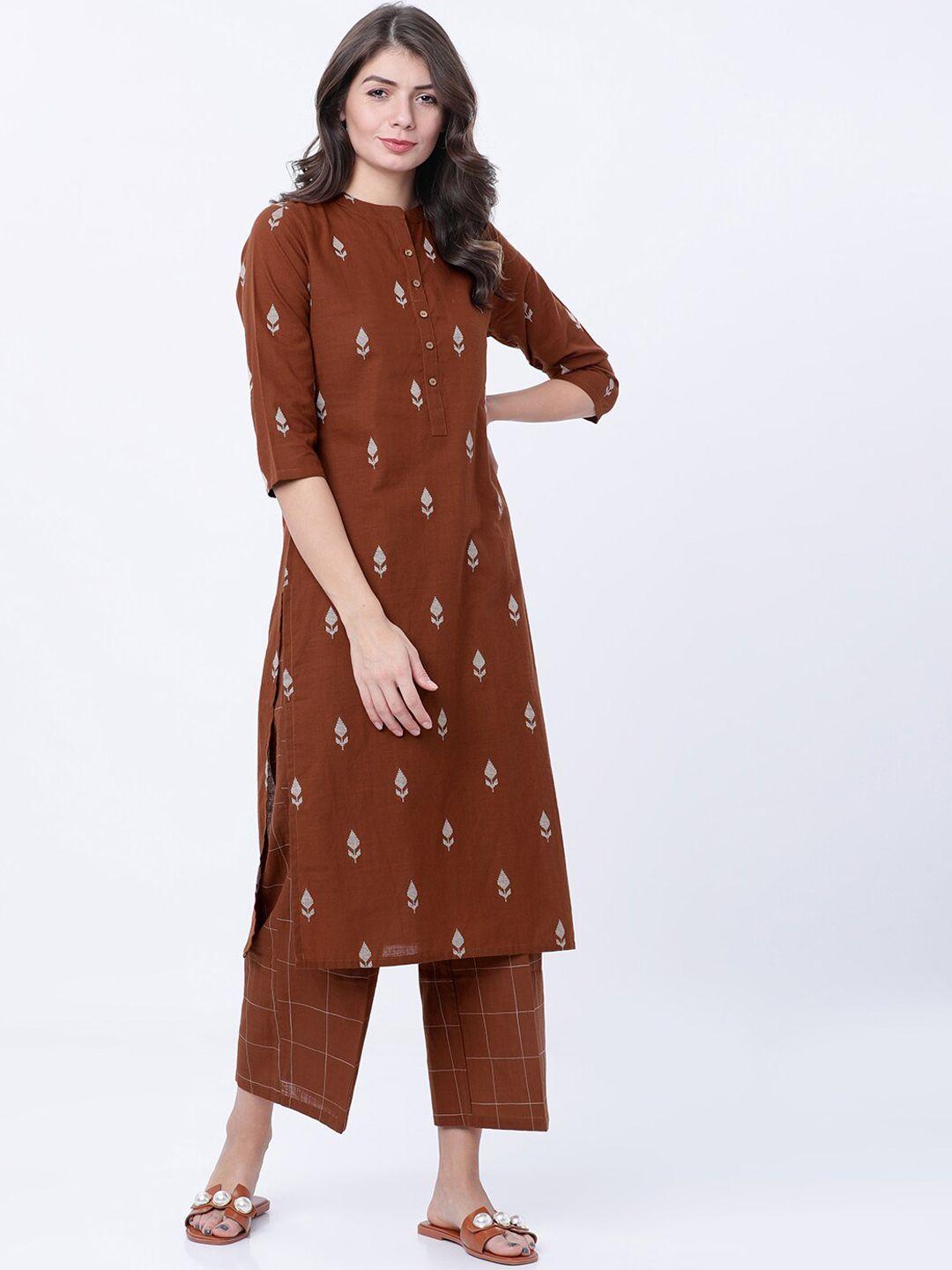 vishudh women brown printed kurta with palazzos