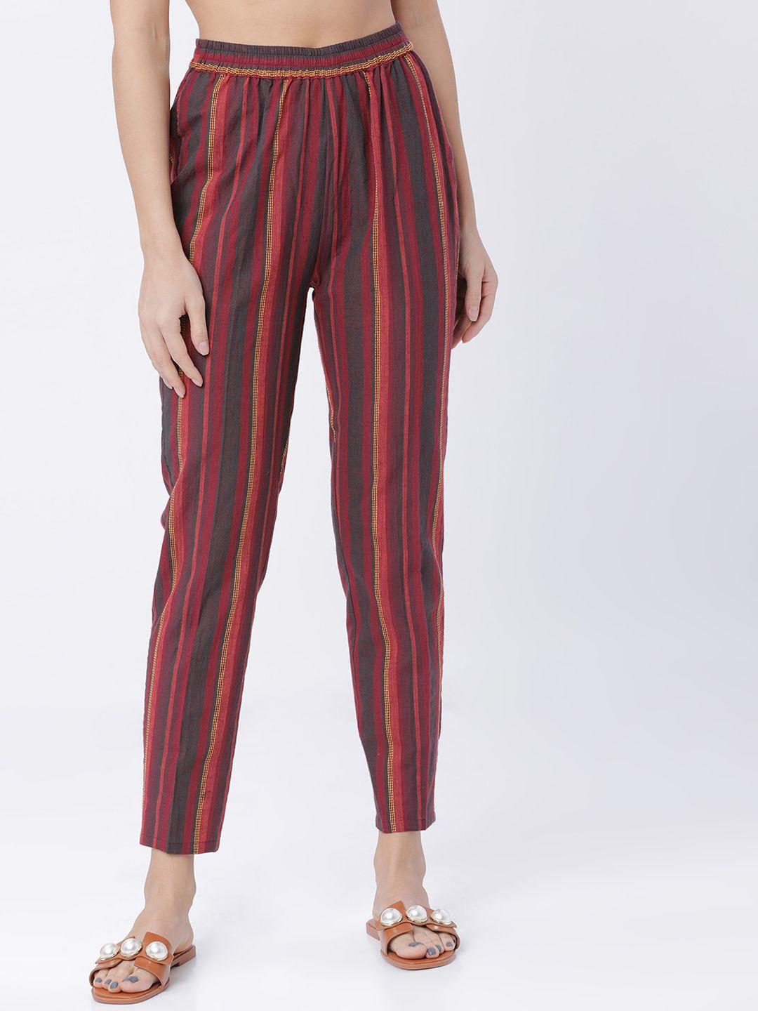 vishudh women burgundy & green tapered fit striped cigarette trousers