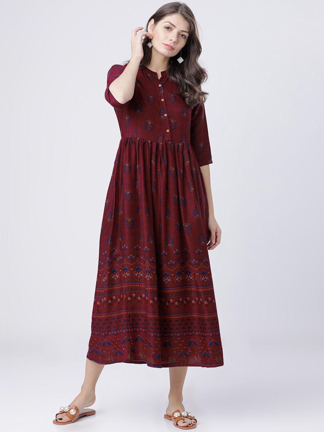 vishudh women burgundy printed maxi dress