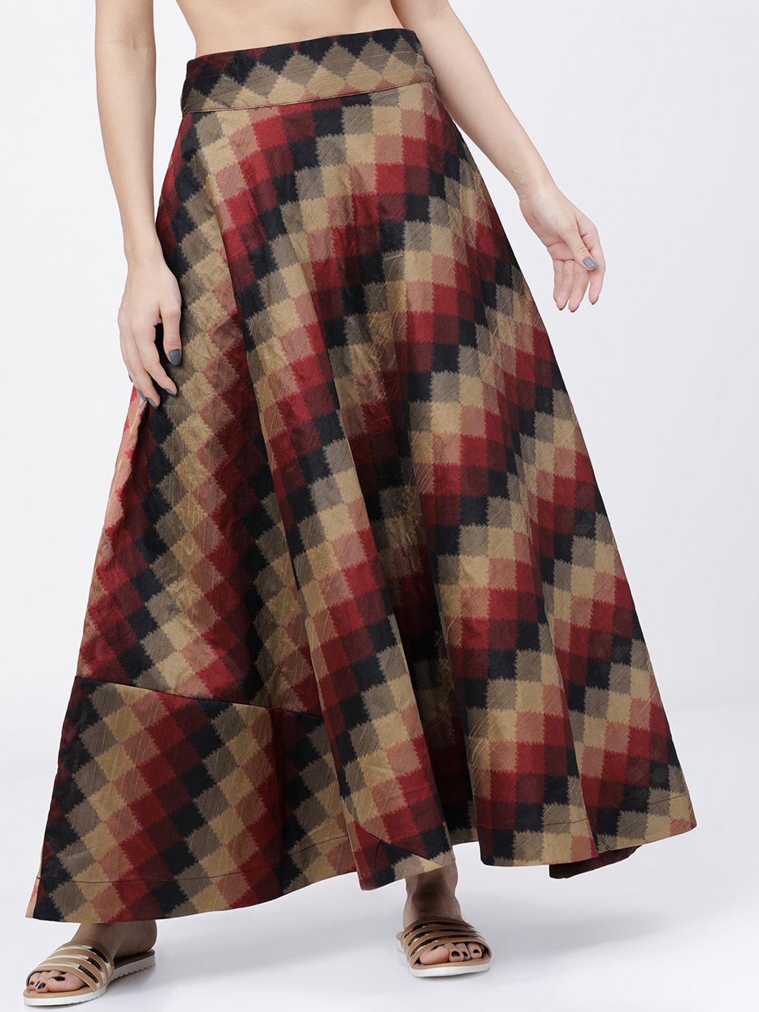 vishudh women burgundy red & black printed flared maxi skirt