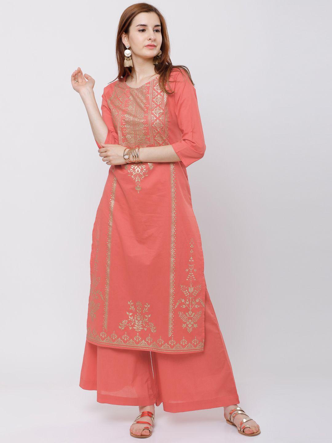 vishudh women coral & gold-toned printed kurta with palazzos