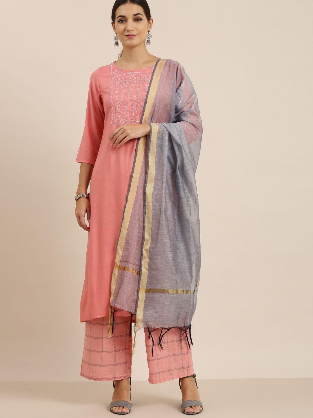 vishudh women coral & grey embroidered kurta with palazzos & dupatta