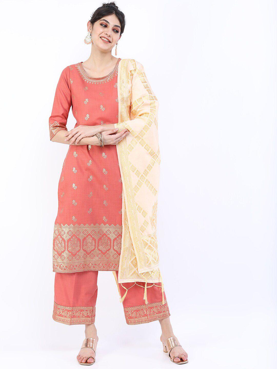 vishudh women coral floral printed kurta with palazzos & with dupatta