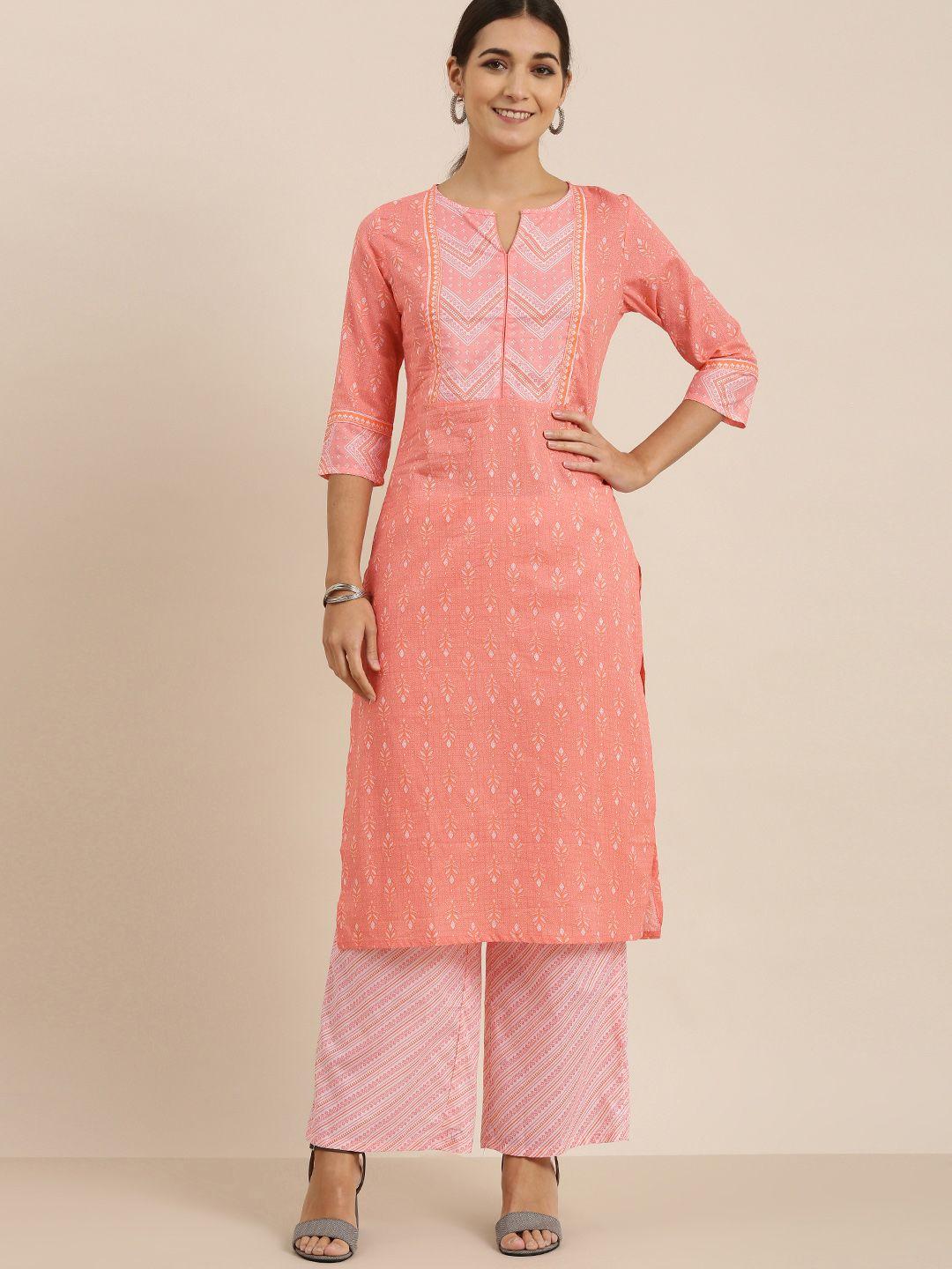 vishudh women coral orange & off-white printed kurta with palazzo