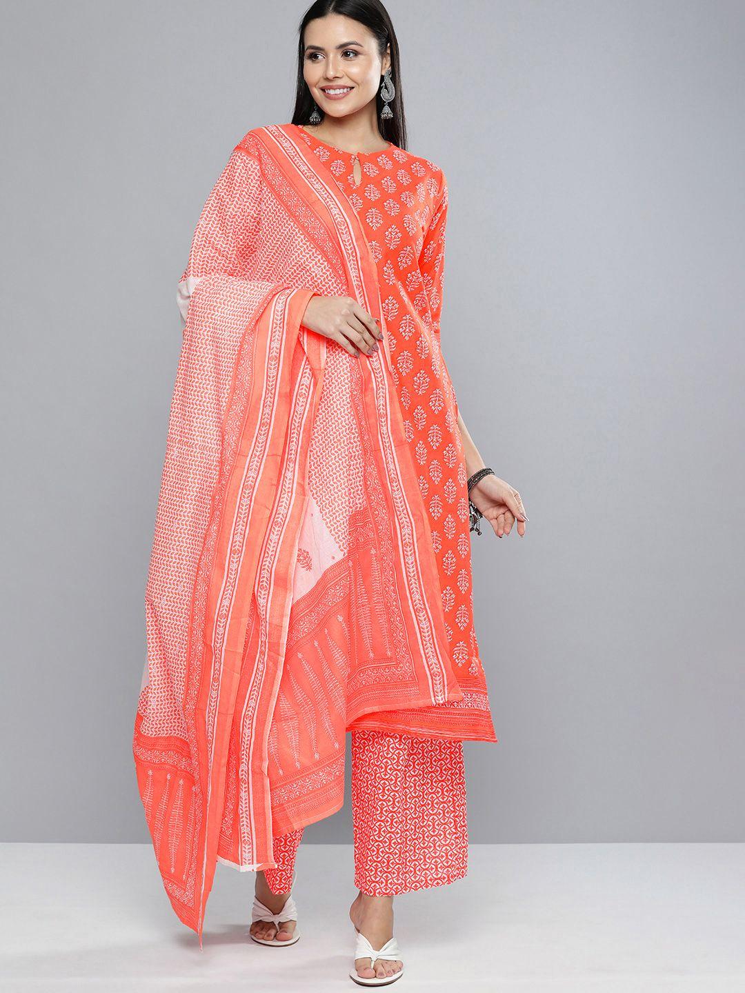 vishudh women coral orange & off-white printed kurta with palazzos & dupatta