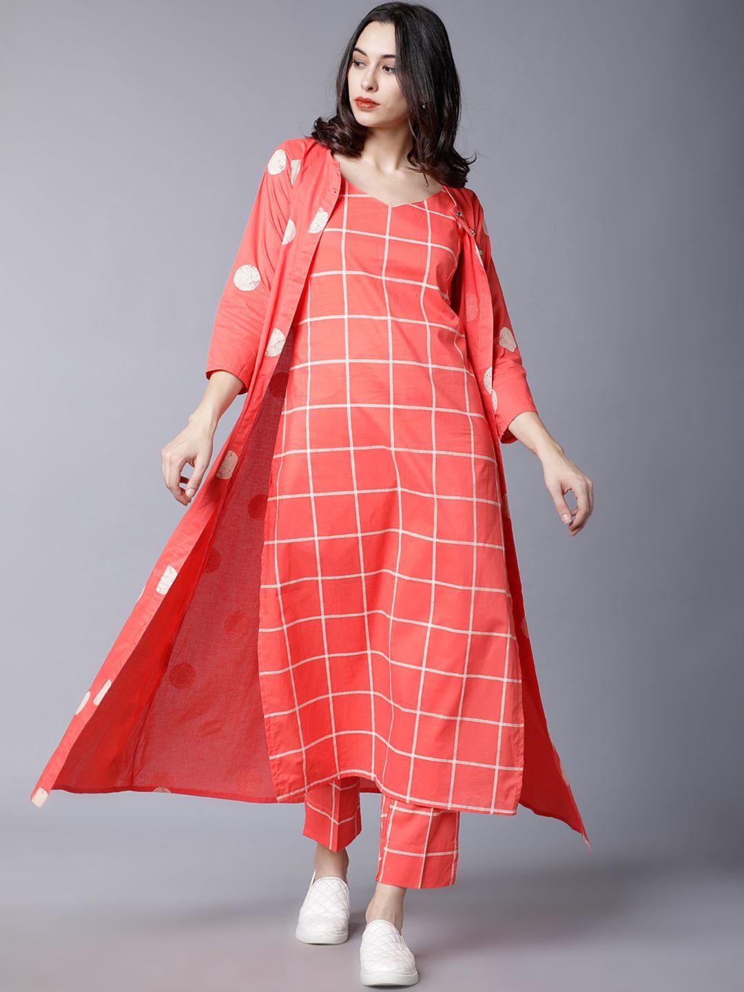 vishudh women coral pink printed kurta with trousers