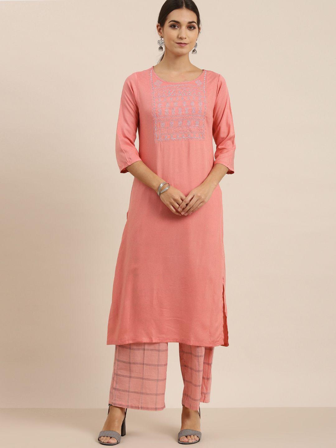 vishudh women coral yoke design kurta with palazzos