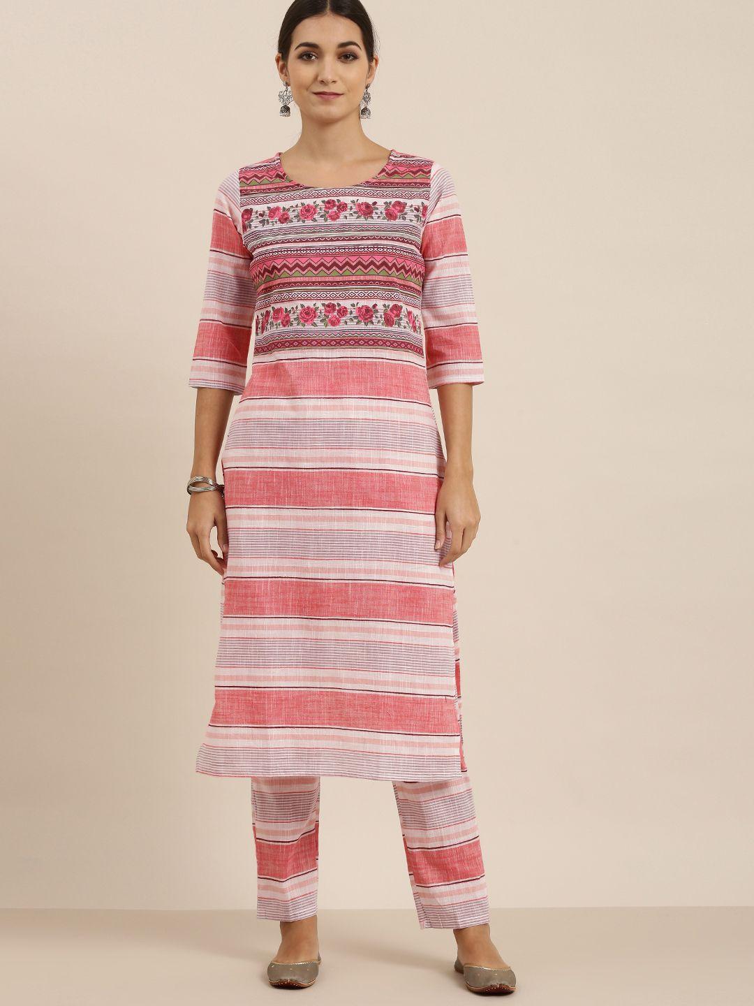 vishudh women cream and pink striped pure cotton kurta with trousers