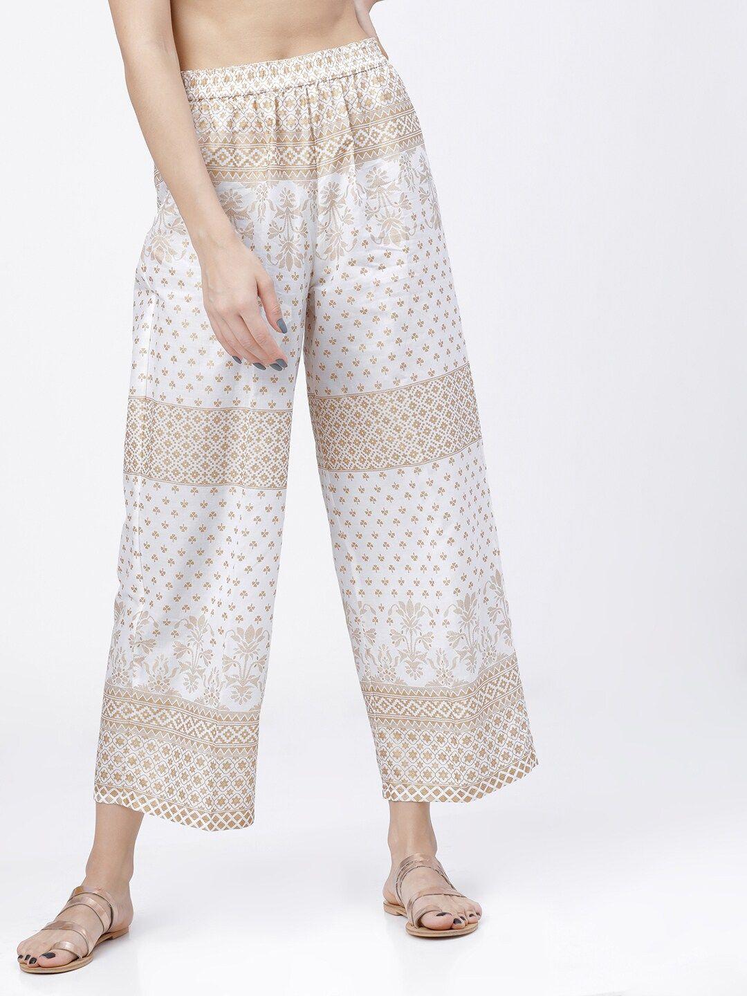 vishudh women cream-coloured & gold-toned printed straight palazzos