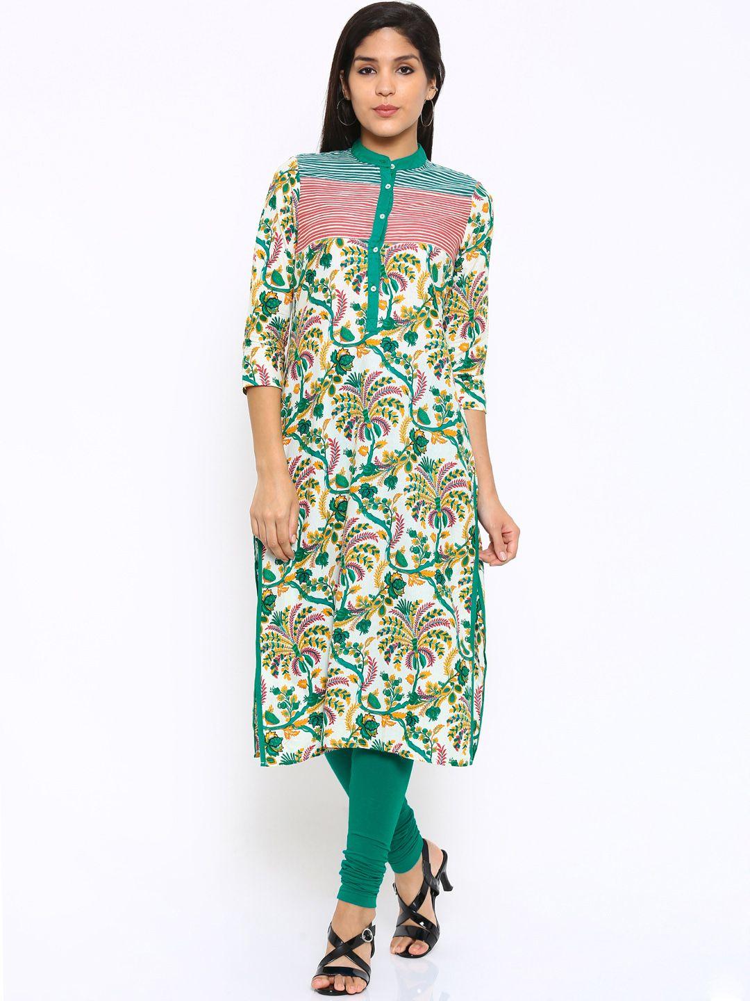 vishudh women cream-coloured & green printed kurta