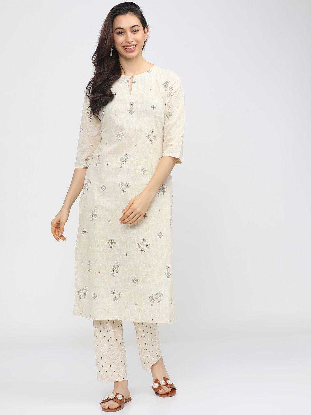 vishudh women cream-coloured floral printed regular pure cotton kurta with trousers