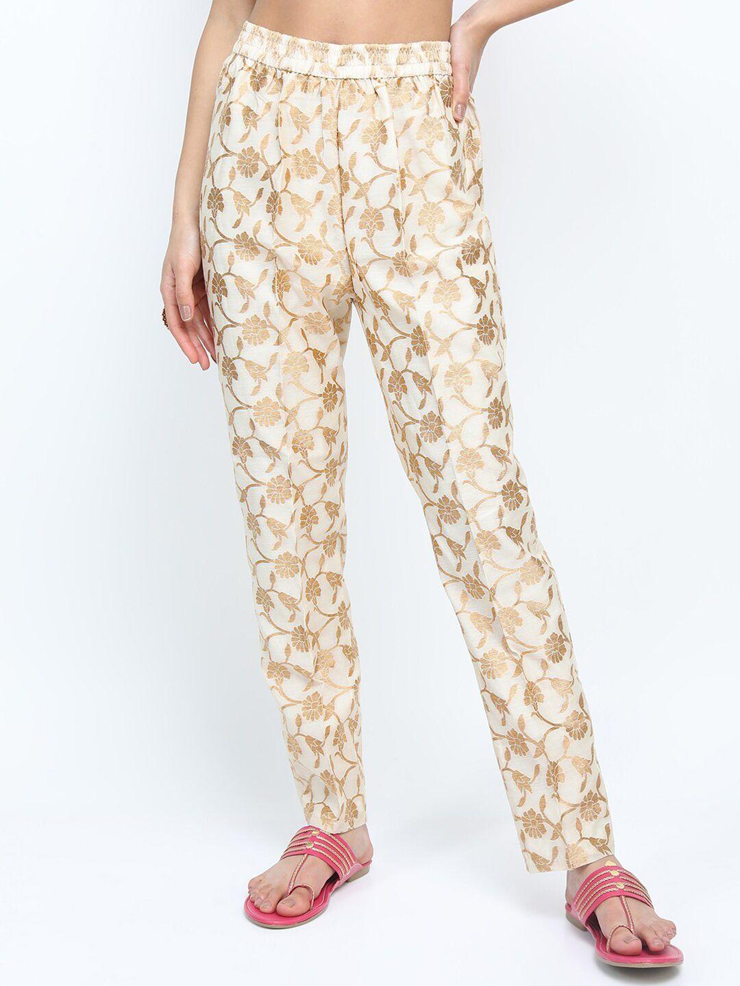 vishudh women cream-coloured floral printed trousers