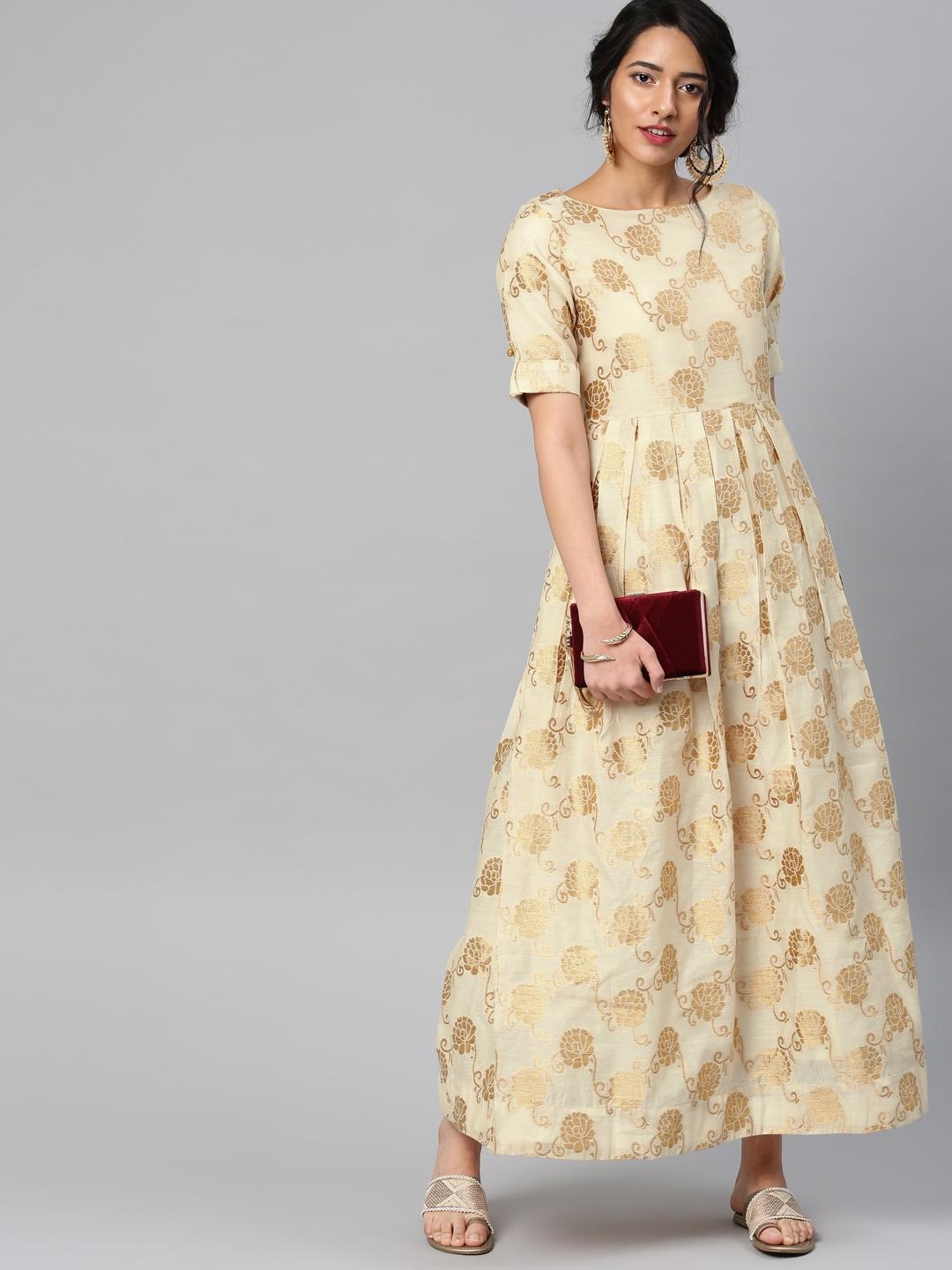 vishudh women cream-coloured printed maxi dress
