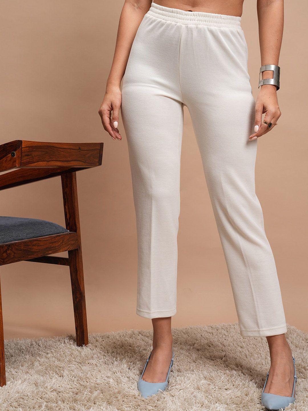 vishudh women cream-coloured slim fit trousers
