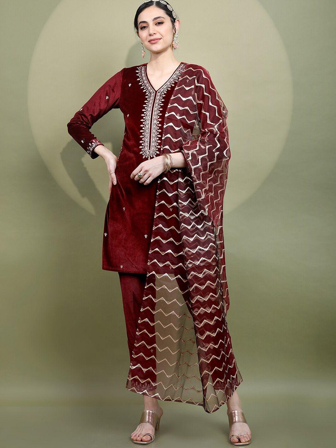 vishudh women embroidered knited velvet kurta & trousers with dupatta