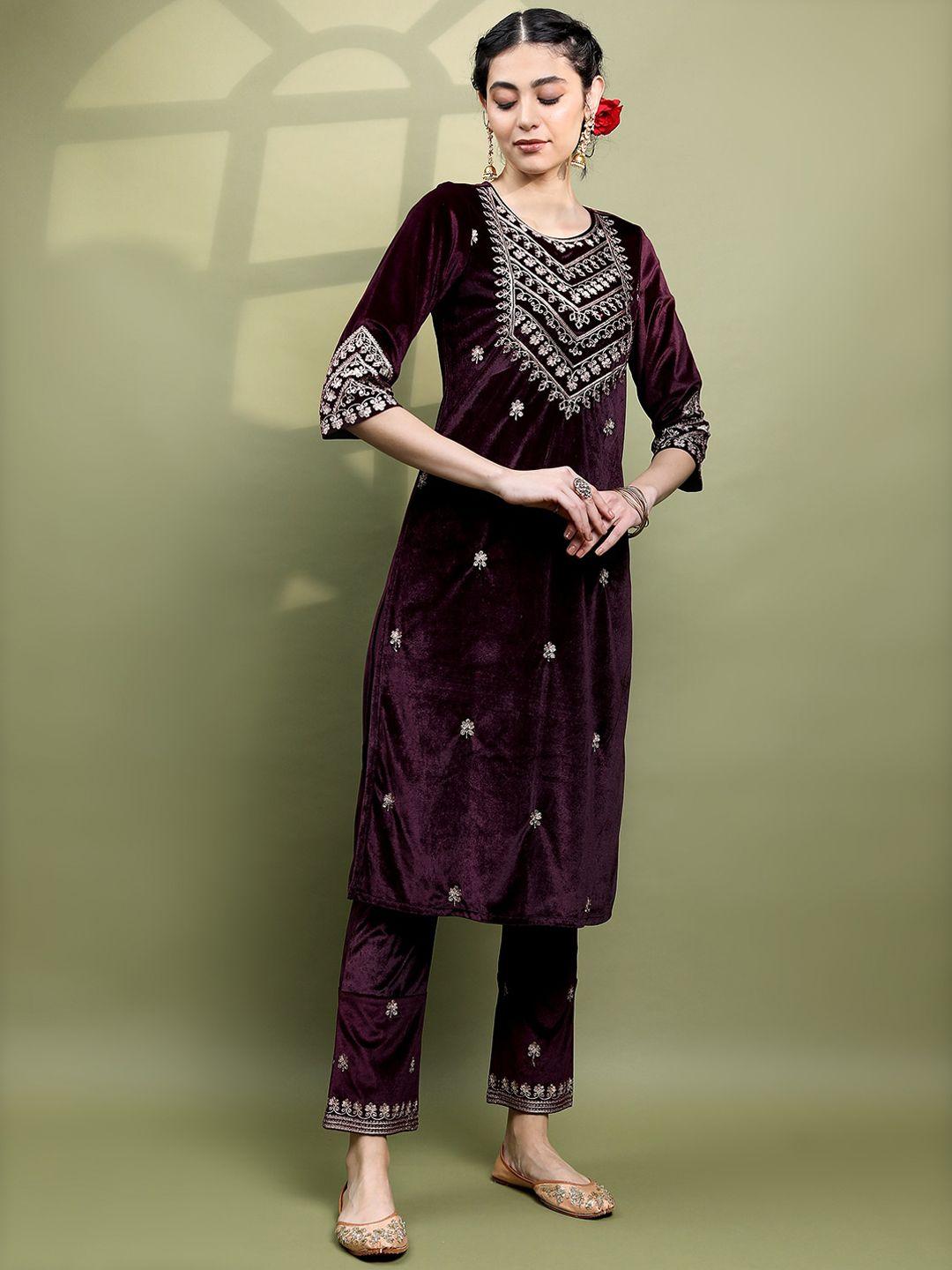 vishudh women embroidered knitted velvet kurta with palazzo & with dupatta