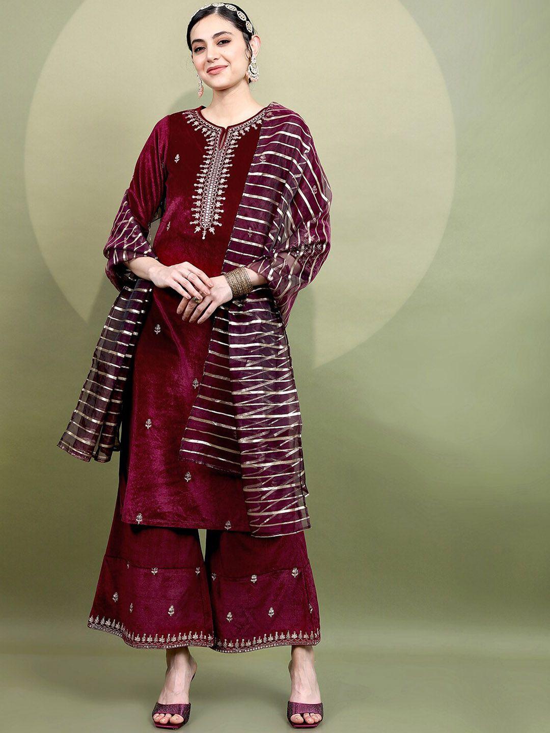 vishudh women embroidered knitted velvet kurta with palazzos & with dupatta