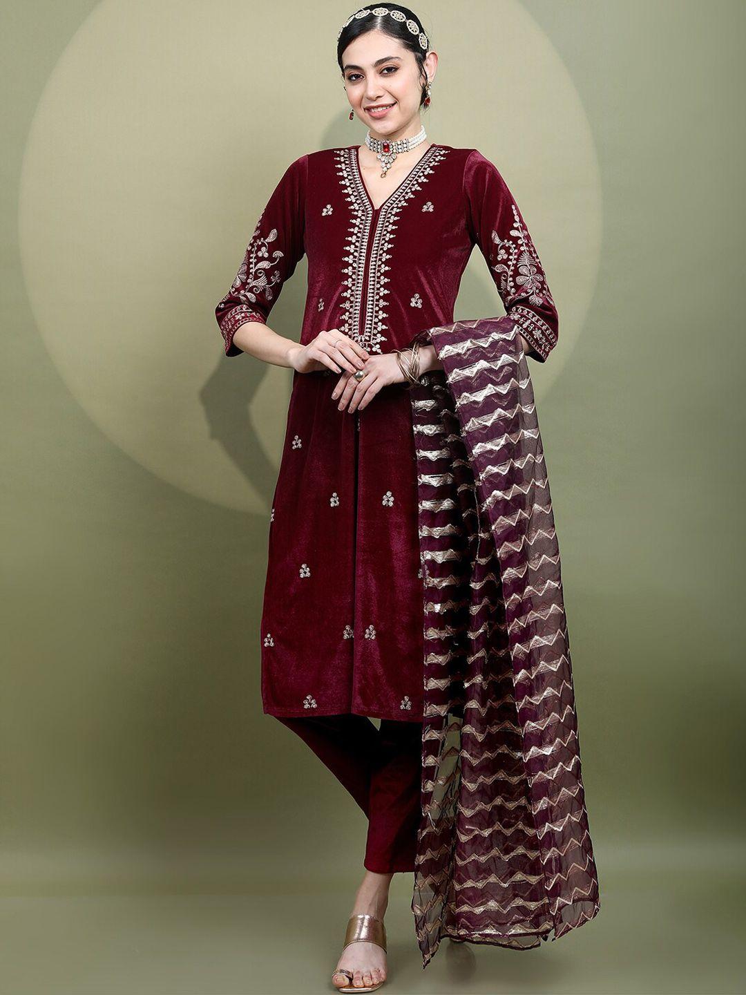 vishudh women embroidered knitted velvet kurta with trousers & with dupatta