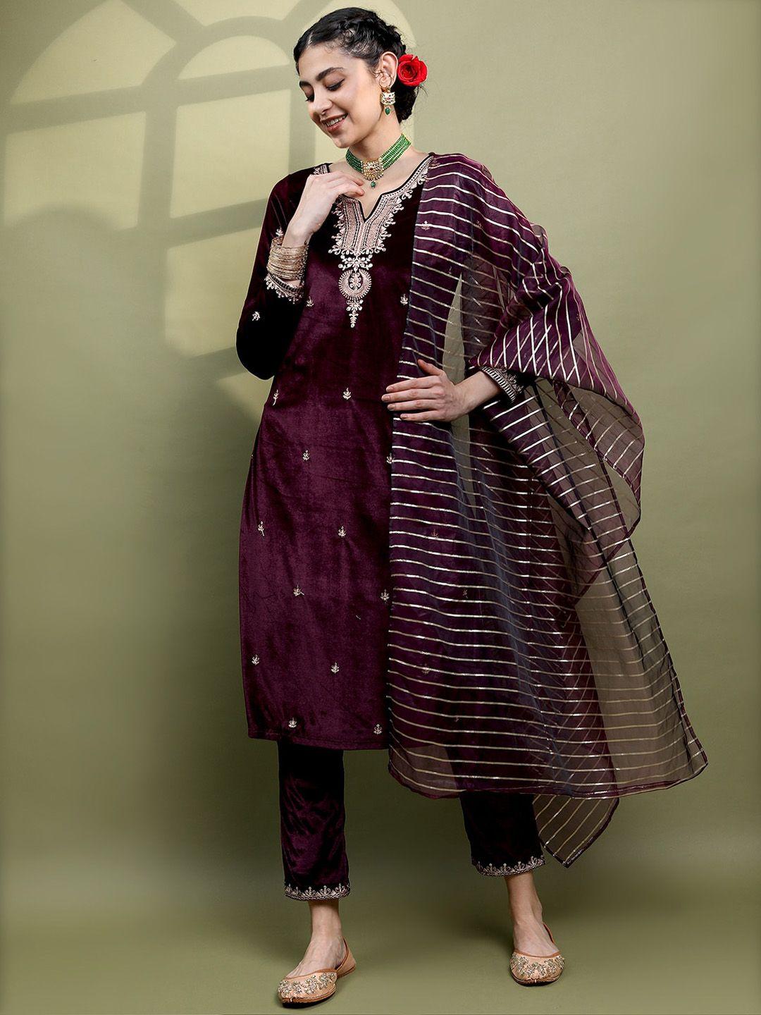 vishudh women embroidered knitted velvet kurta with trousers & with dupatta