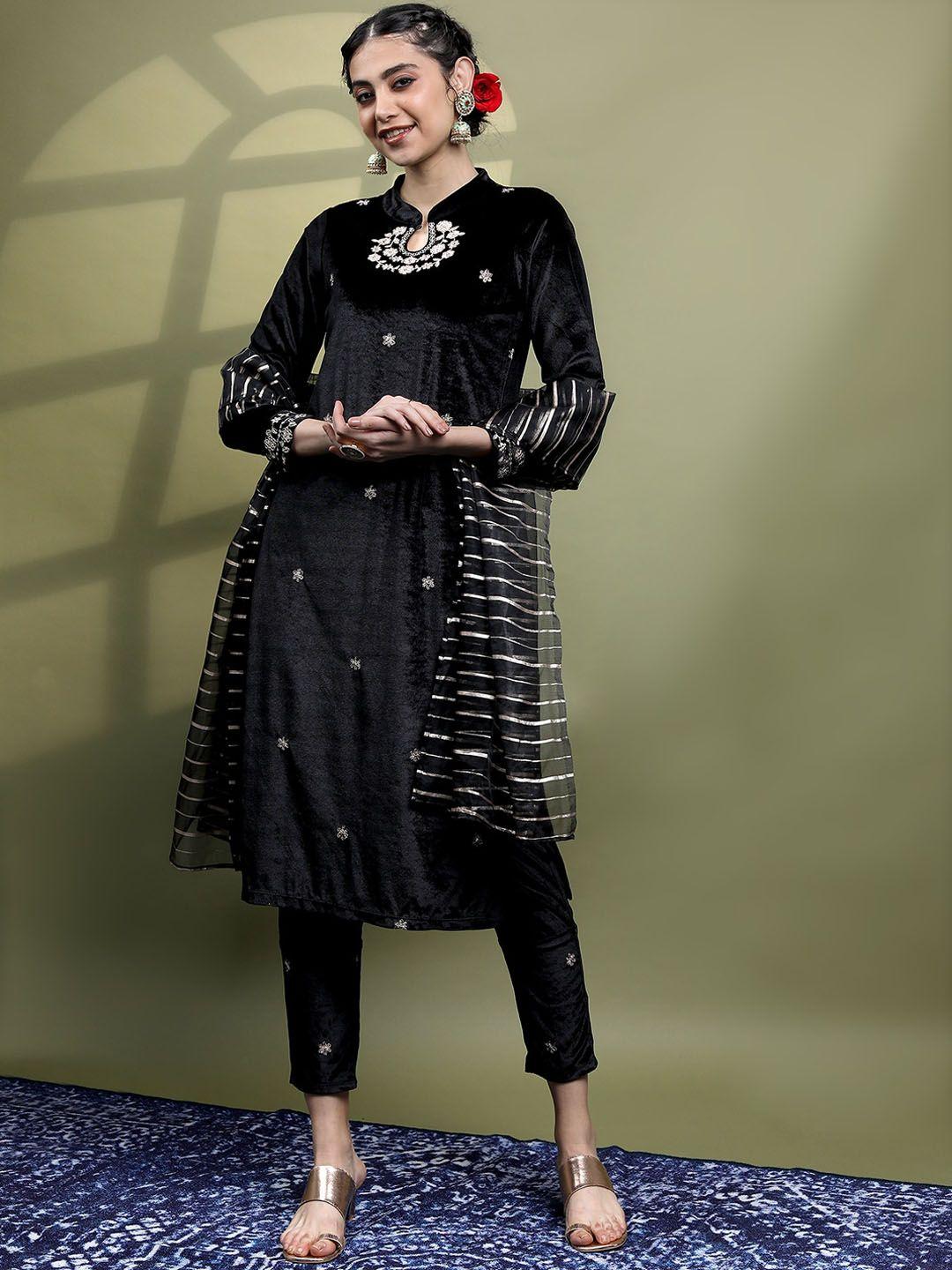 vishudh women embroidered knitted velvet kurta with trousers & with dupatta