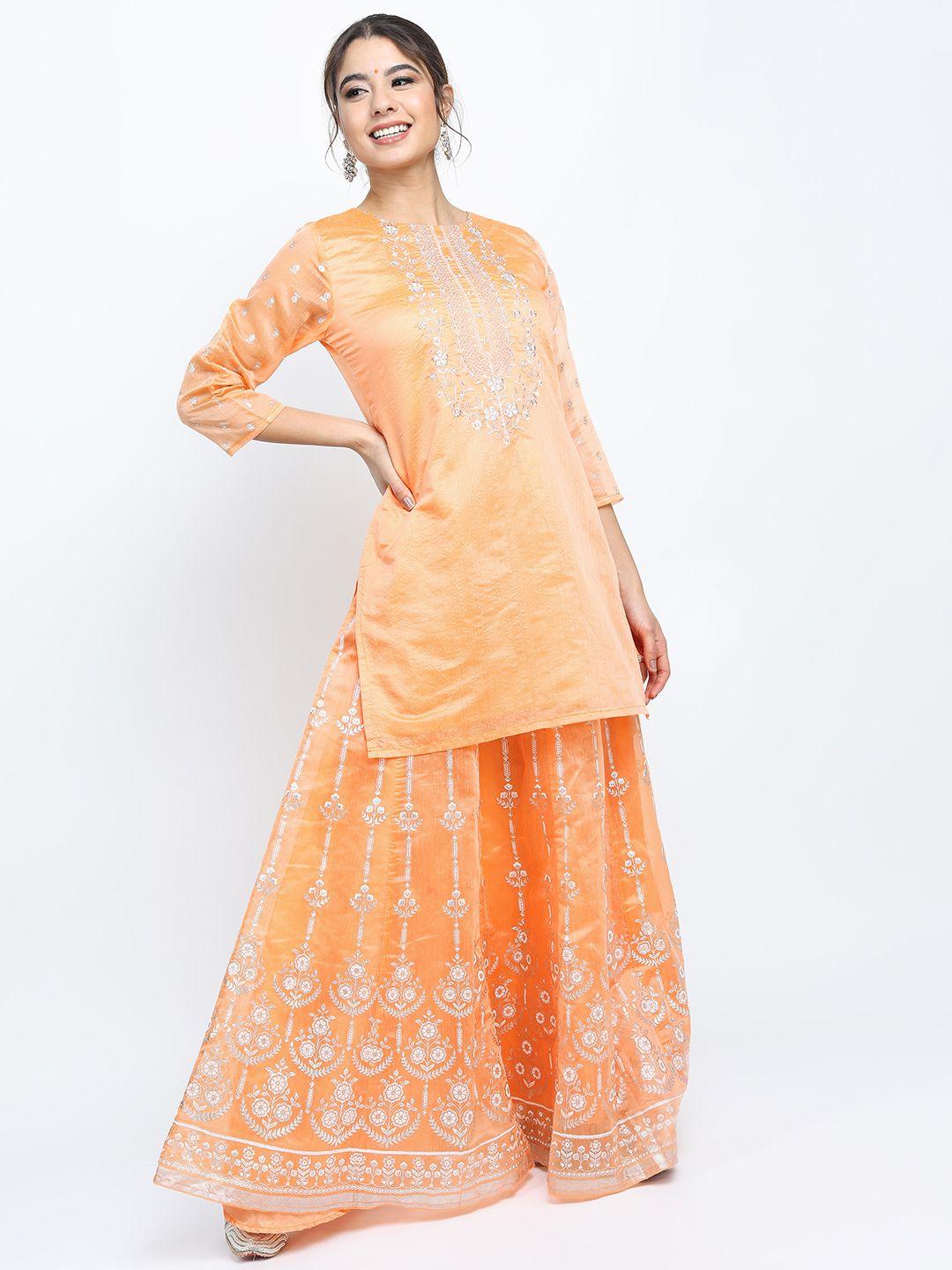 vishudh women ethnic motifs embroidered kurti with skirt & dupatta