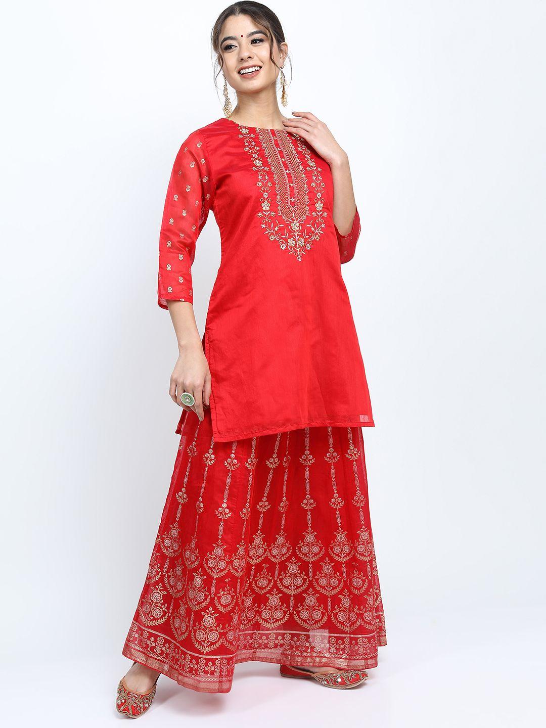 vishudh women ethnic motifs embroidered kurti with skirt & dupatta