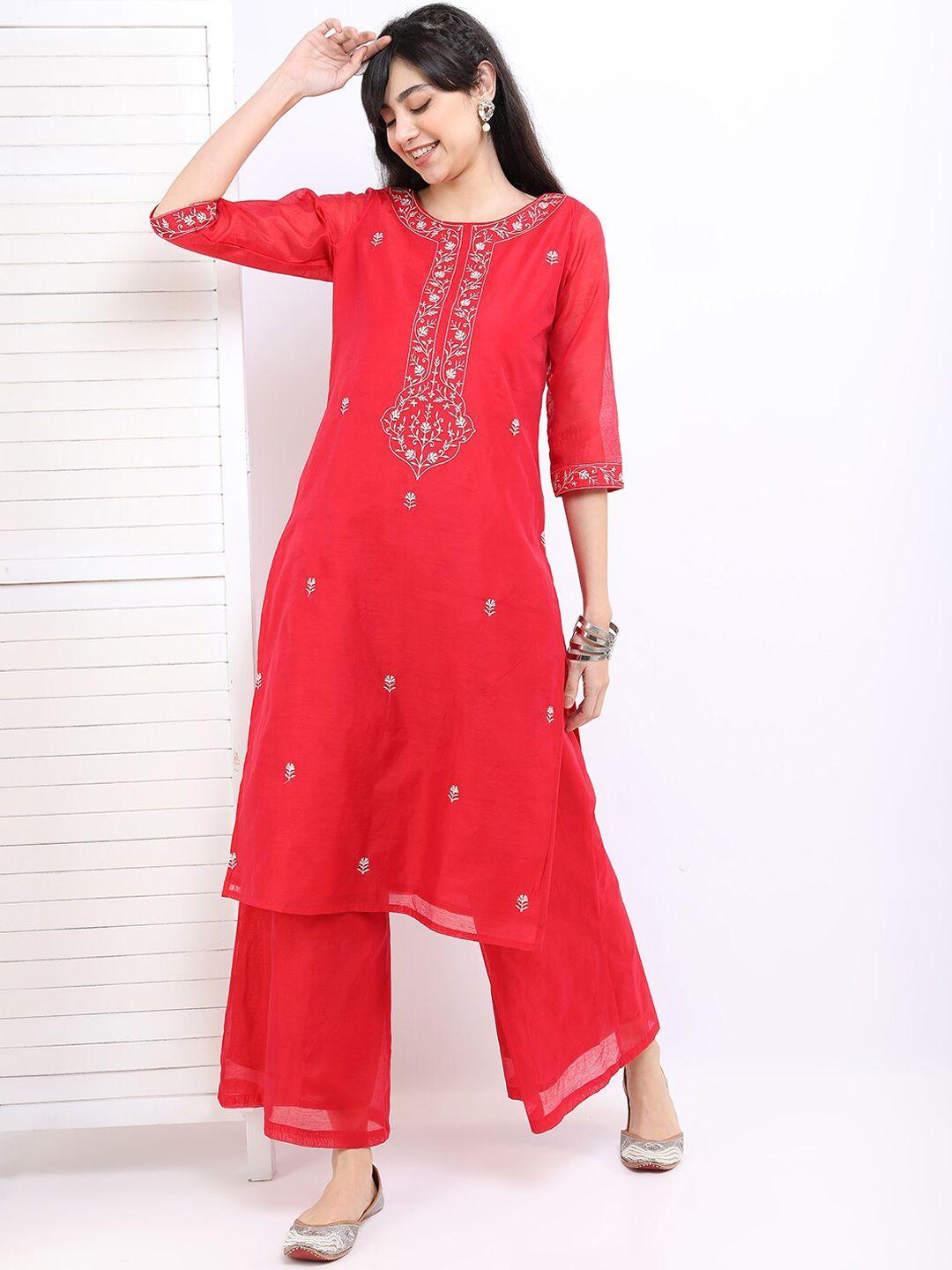 vishudh women ethnic motifs printed thread work kurta with palazzos