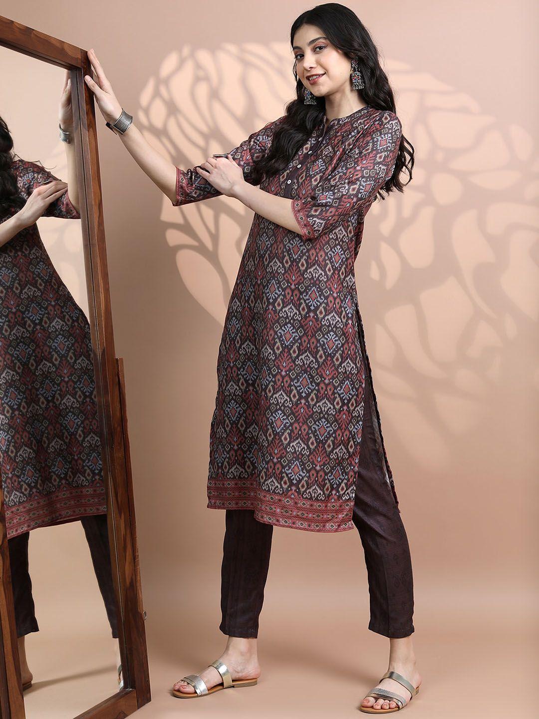 vishudh women faux pashmia ethnic motifs printed kurta with trousers