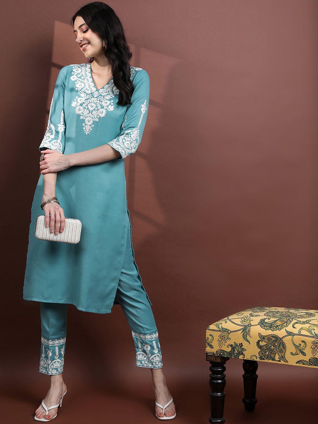 vishudh women faux pashmia floral embroidered v-neck kurta with trousers