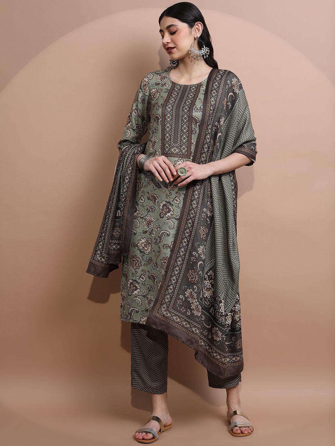 vishudh women faux pashmia floral printed kurta with palazzos & dupatta