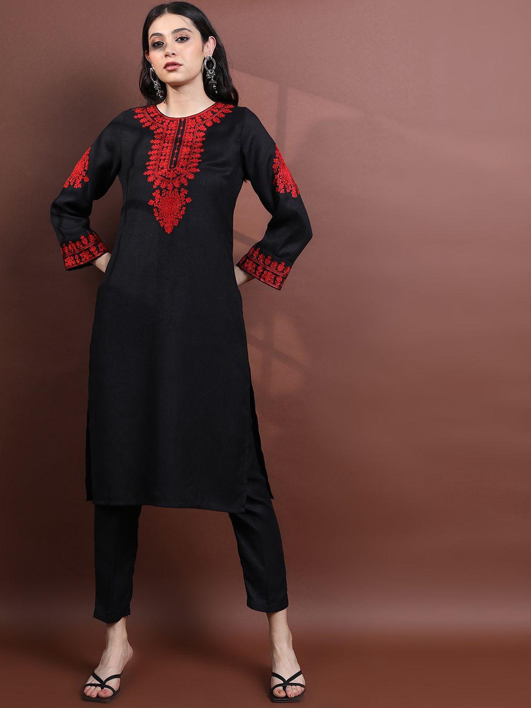 vishudh women faux pashmina ethnic motifs embroidered thread work kurta with trousers