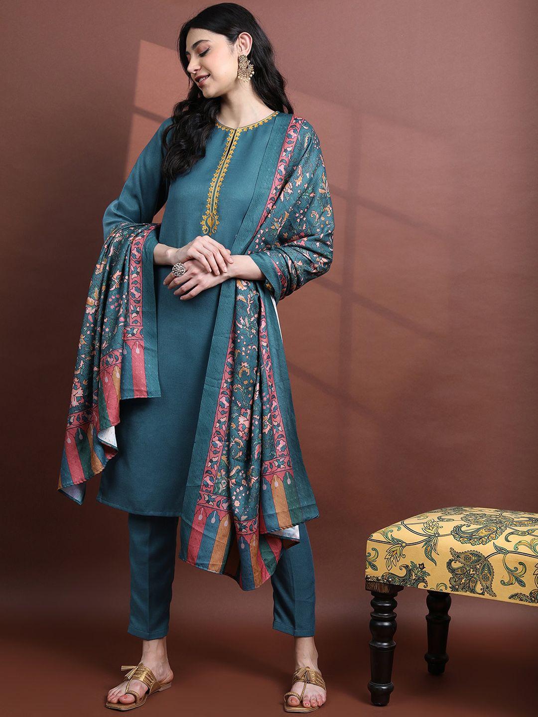 vishudh women faux pashmina kurta with trousers & dupatta