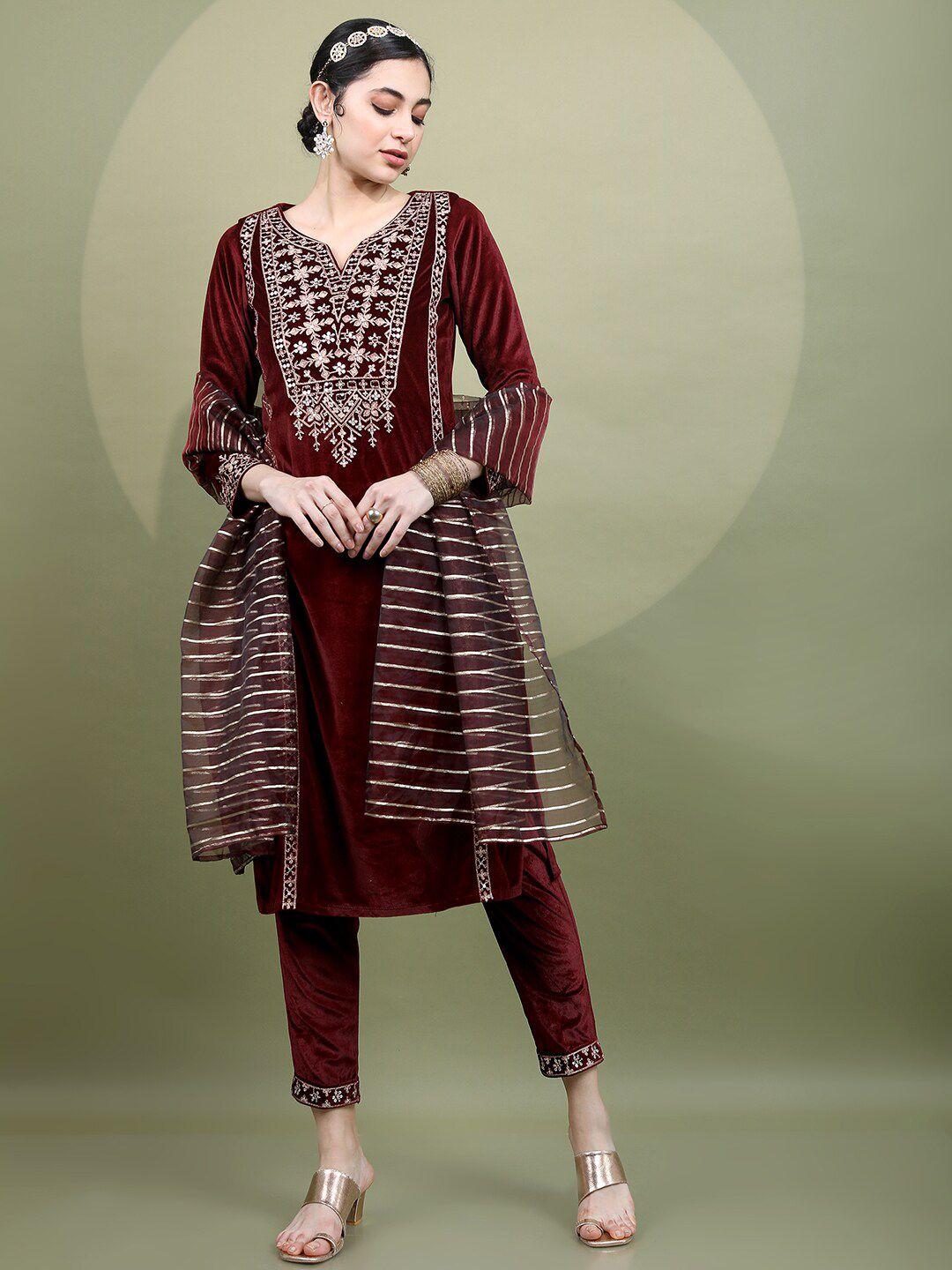 vishudh women floral embroidered knitted velvet kurta with trousers & with dupatta