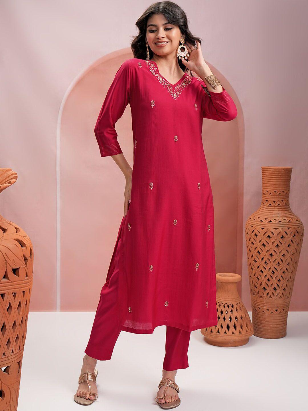 vishudh women floral embroidered regular beads and stones kurta with trousers