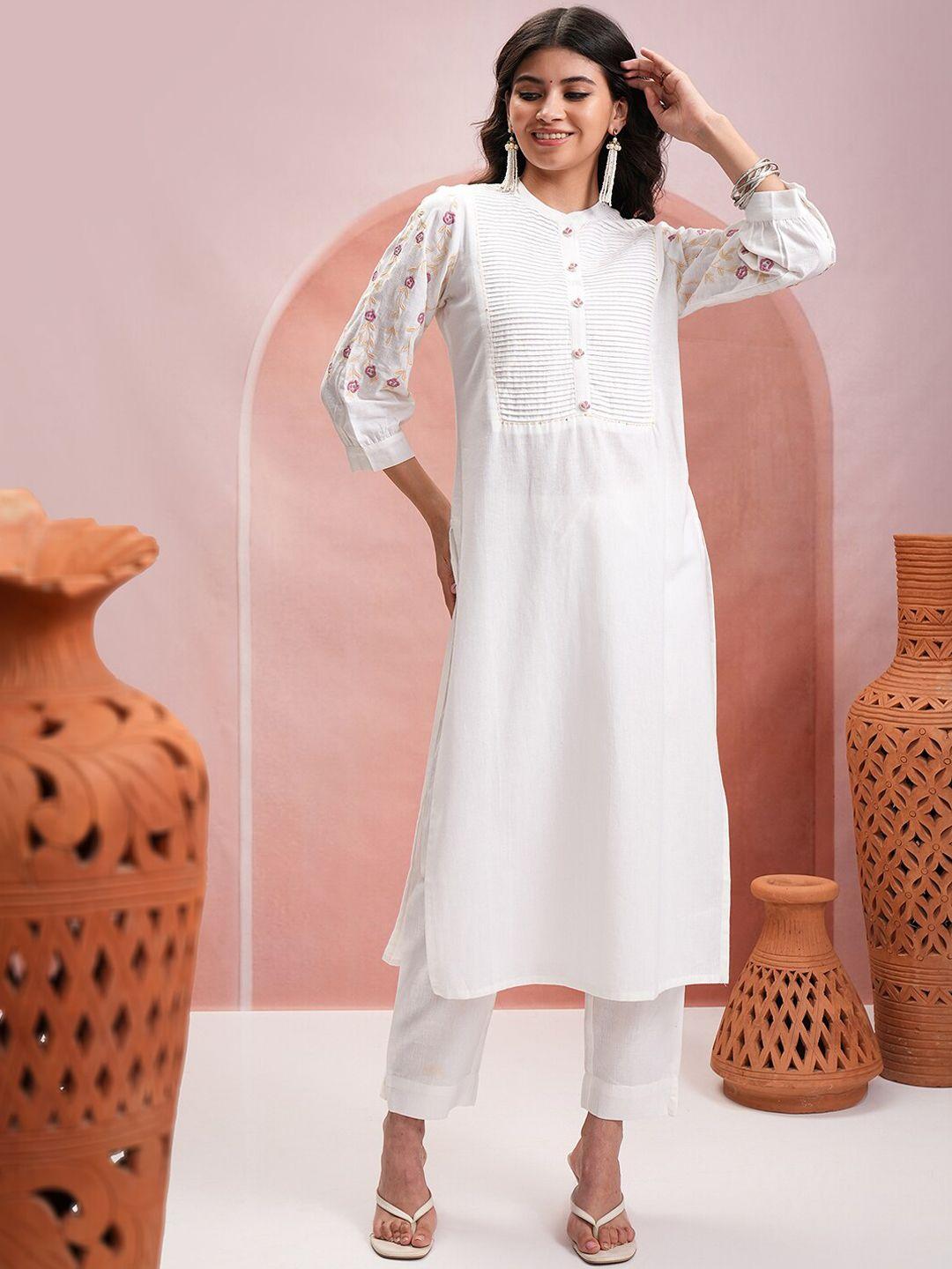 vishudh women floral embroidered regular thread work pure cotton kurta with trousers