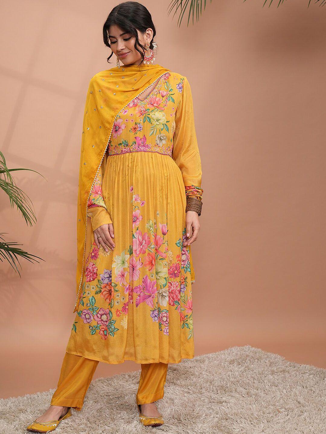 vishudh women floral printed regular kurta with trousers & with dupatta