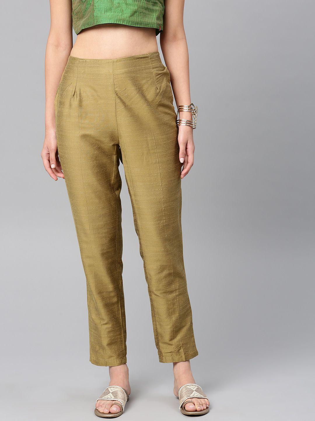 vishudh women gold-toned regular fit solid cropped parallel trousers