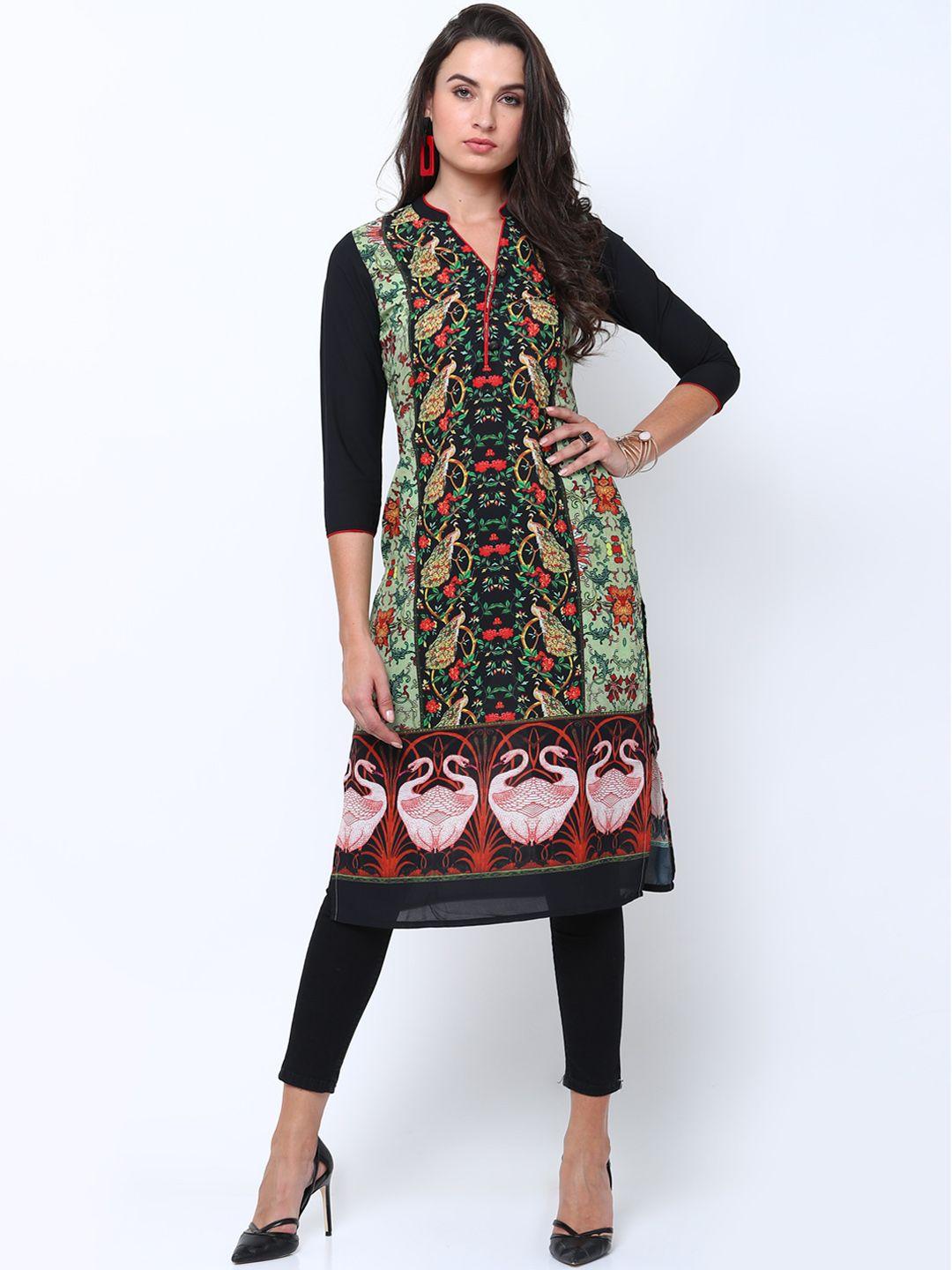 vishudh women green & black printed straight kurta