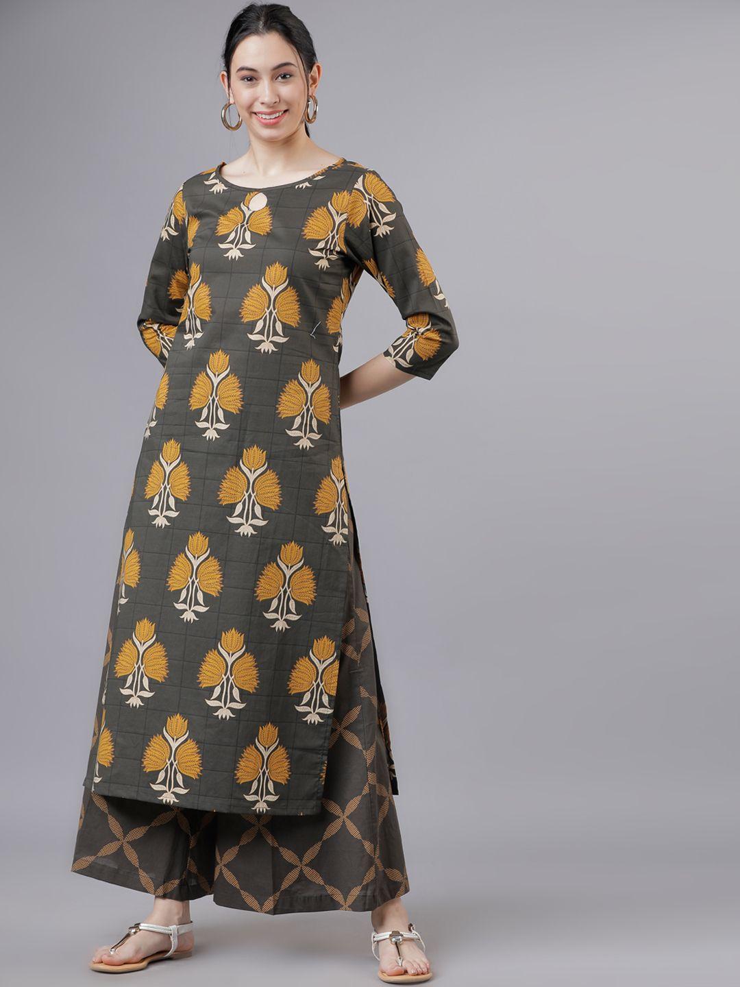 vishudh women green & mustard yellow printed kurta with palazzos