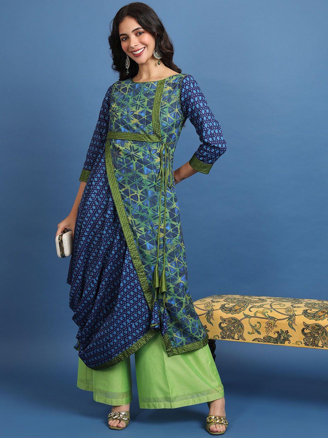 vishudh women green & navy blue floral printed kurta