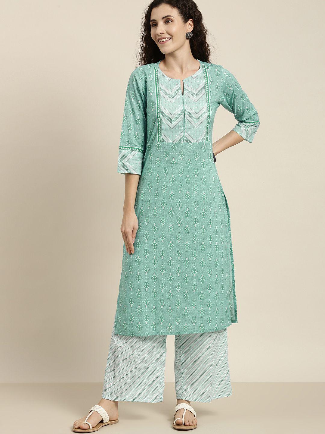 vishudh women green & off-white printed kurta with palazzos