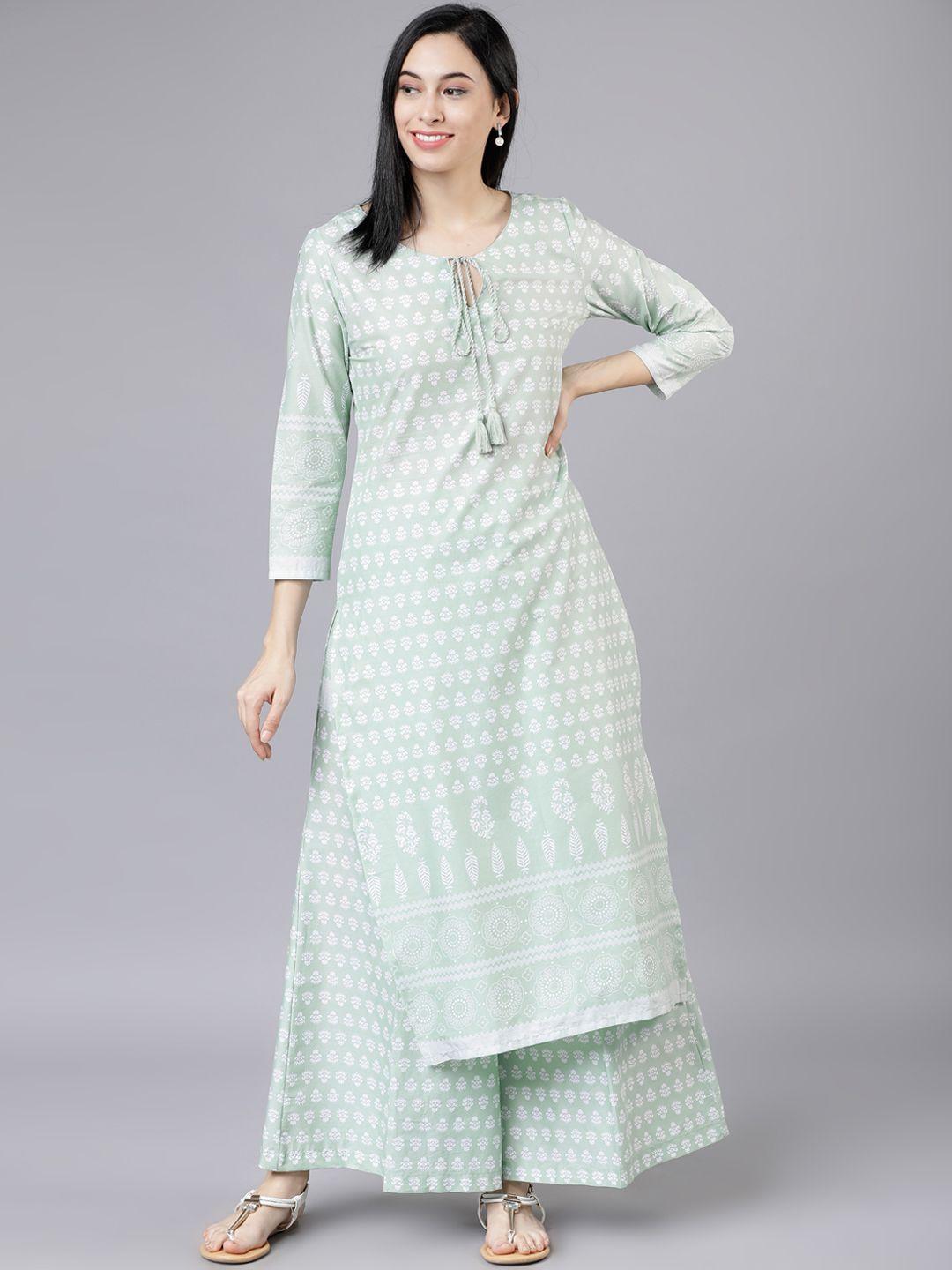 vishudh women green & off-white printed kurta with palazzos