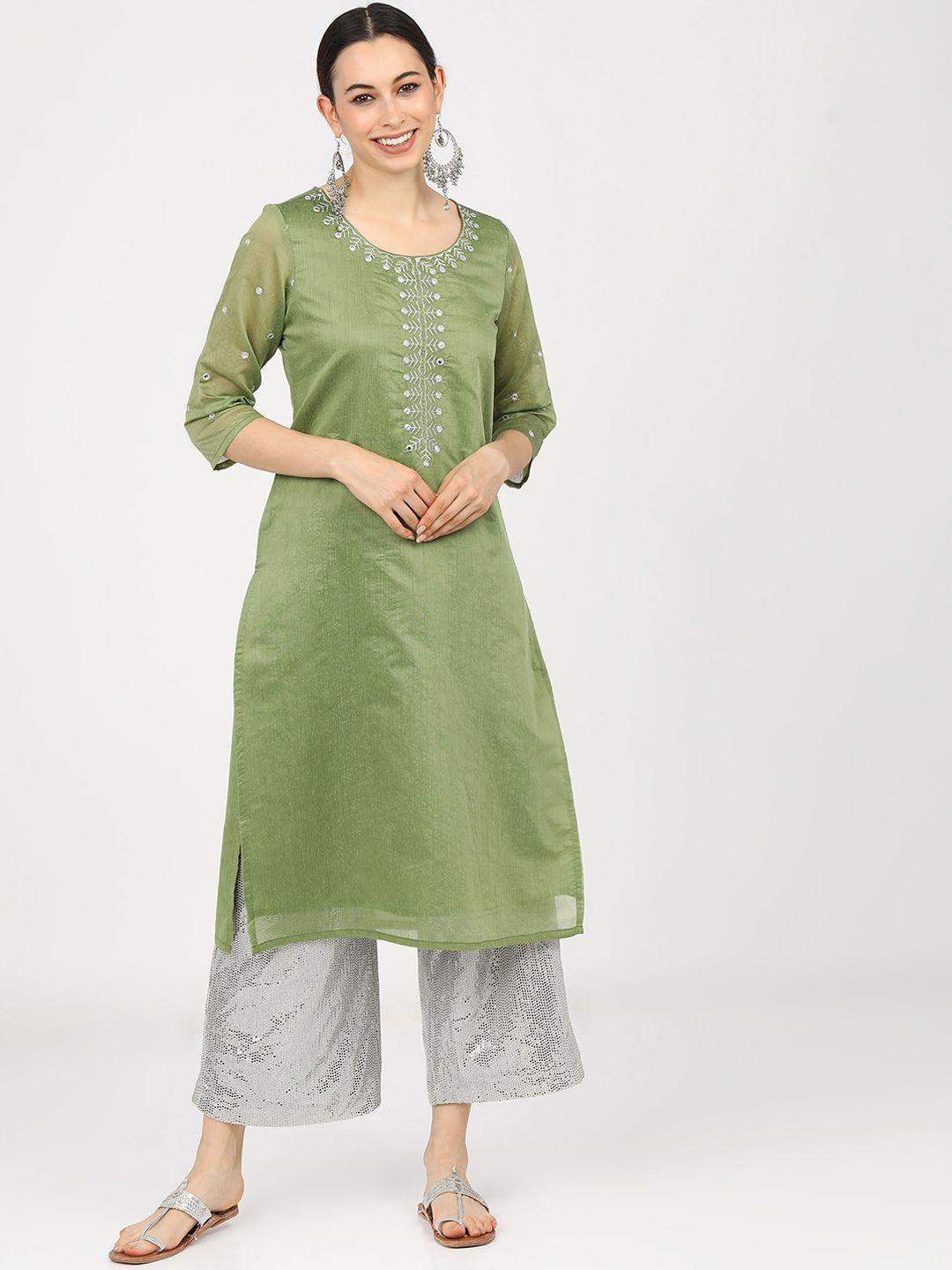 vishudh women green & silver-toned embroidered straight kurta