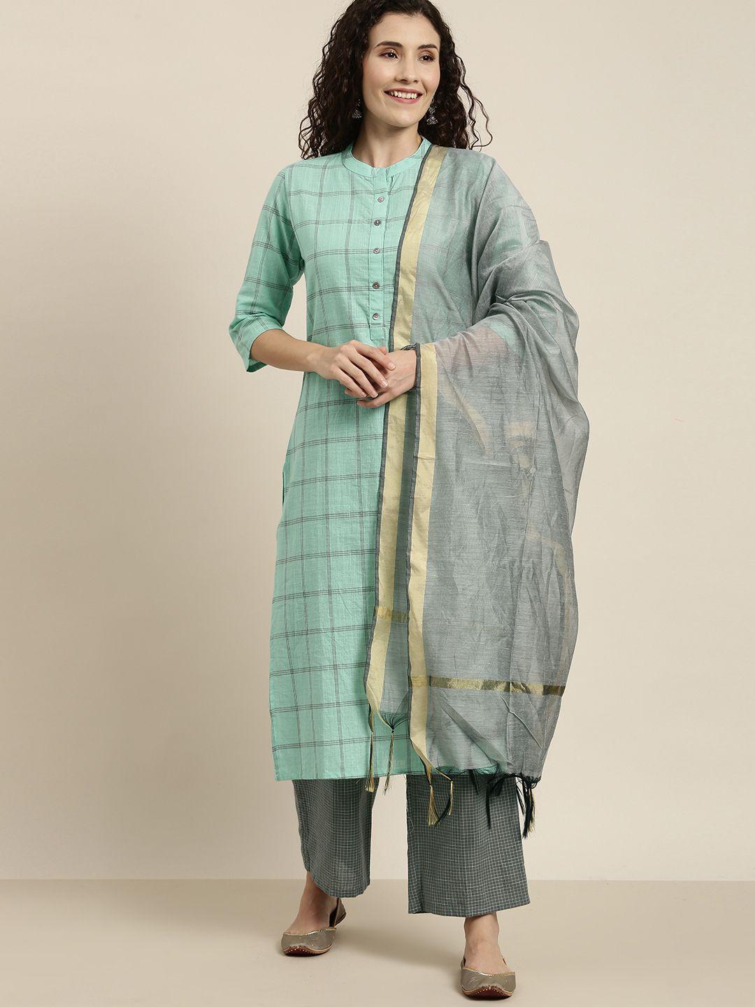 vishudh women green & silver-toned printed kurta with palazzos & dupatta