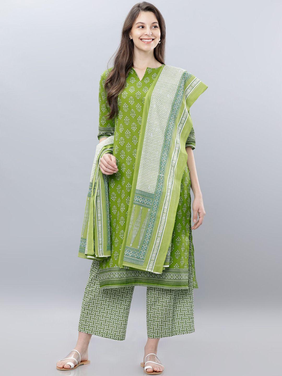 vishudh women green & white printed kurti with palazzos & dupatta